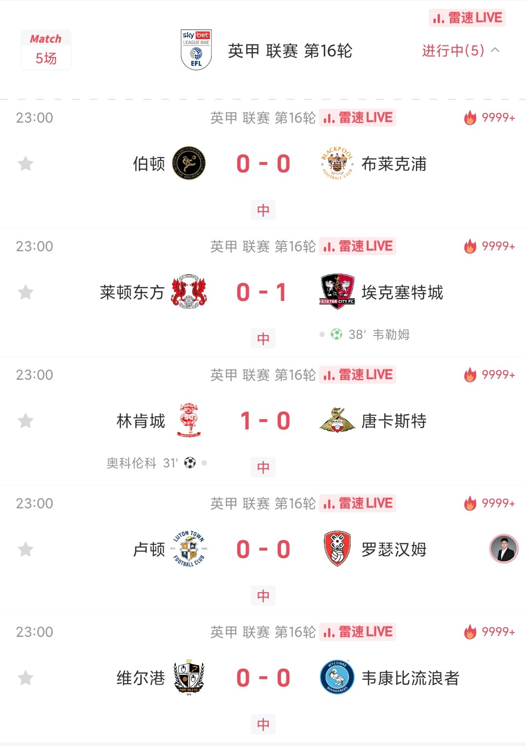 'ลีกวันอังกฤษเล่นพร้อมกัน 5 นัด โดย 3 นัดจบลงด้วยสกอร์ 0-0 ในครึ่งเวลา และทั้ง 10 ทีมยิงได้ทั้งหมดเพียง 2 ประตูเท่านั้น